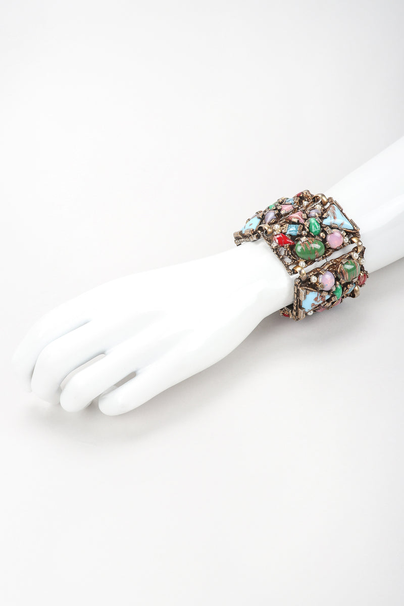 Recess Vintage Brutalist Mosaic Gemstone Hinged Plate Bracelet on Mannequin Arm