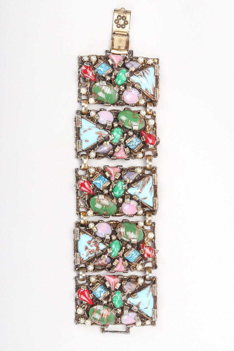 Recess Vintage Brutalist Mosaic Gemstone Hinged Plate Bracelet on white Background flat