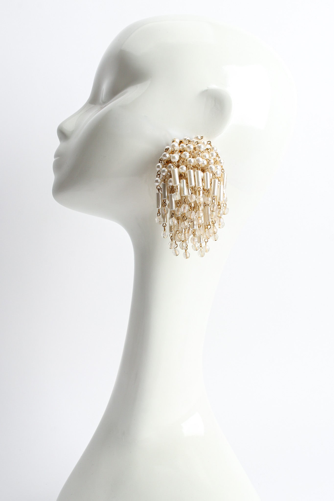 Vintage Pearl & Bead Cluster Waterfall Earrings on mannequin @ Recess LA