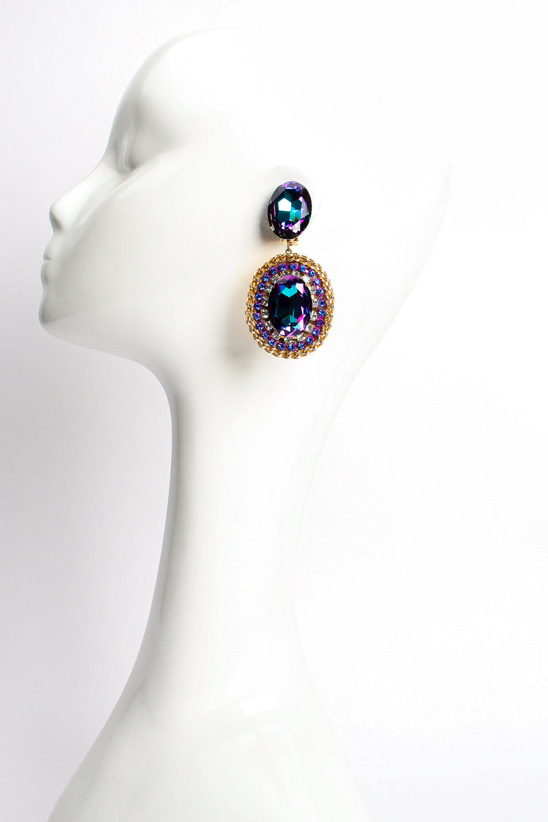Vintage Oversized Iridescent Crystal Rhinestone Wrapped Earrings on Mannequin at Recess Los Angeles