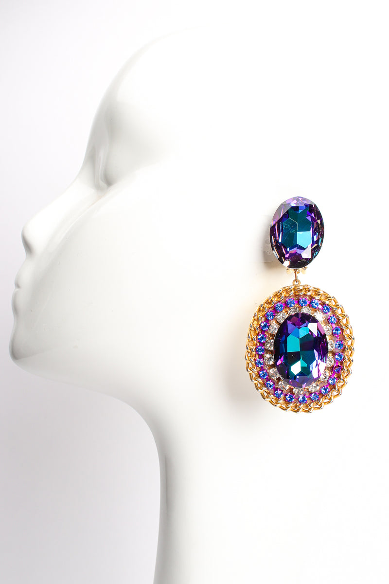 Vintage Oversized Iridescent Crystal Rhinestone Wrapped Earrings on Mannequin at Recess Los Angeles