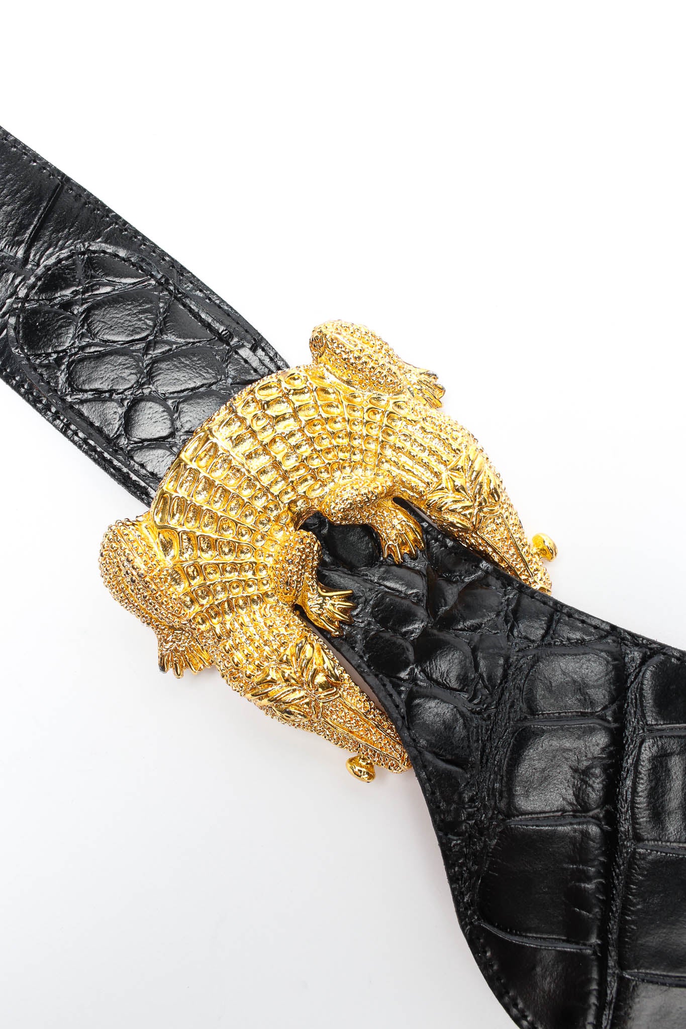 Vintage Double Alligator Croc Leather Belt gator buckle close @ Recess Los Angeles