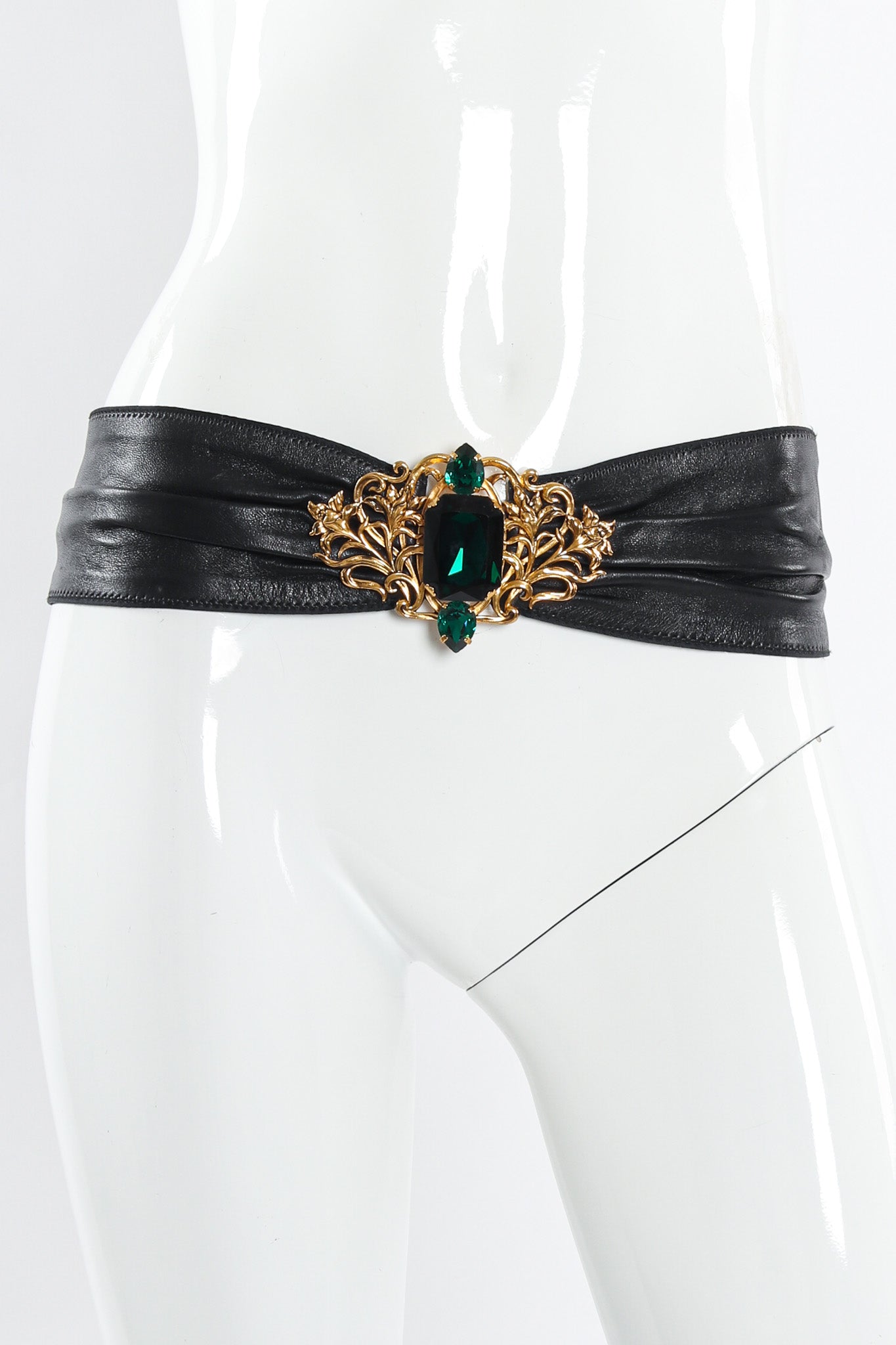 Vintage Floral Filigree Emerald Leather Sash Belt on mannequin @ Recess LA