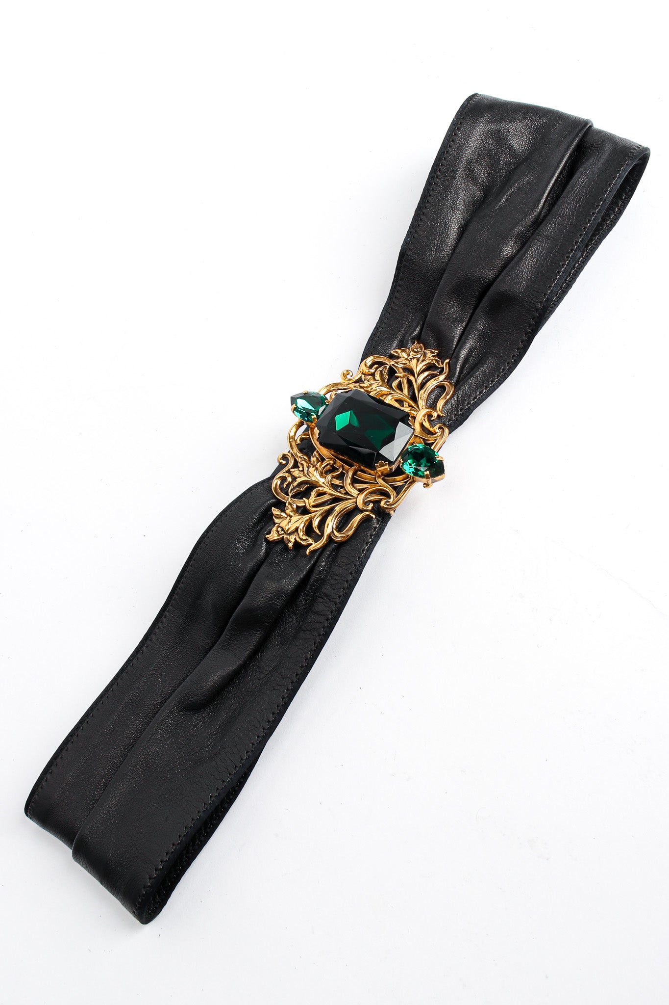 Vintage Floral Filigree Emerald Leather Sash Belt folded close @ Recess LA