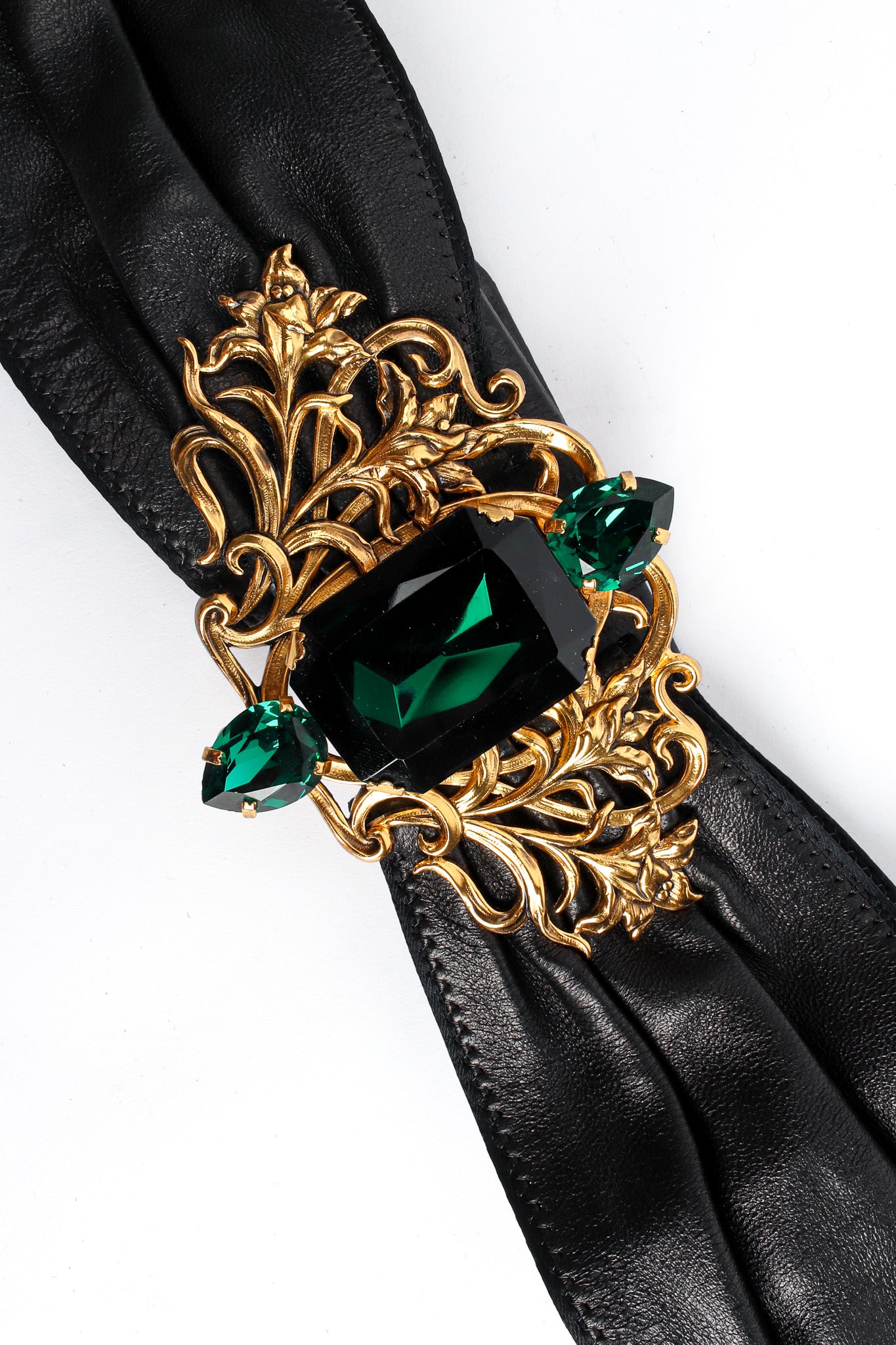 Vintage Floral Filigree Emerald Leather Sash Belt filigree stone @ Recess LA