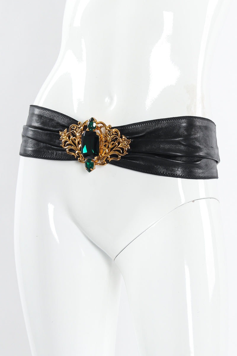 Vintage Floral Filigree Emerald Leather Sash Belt on mannequin angle @ Recess LA