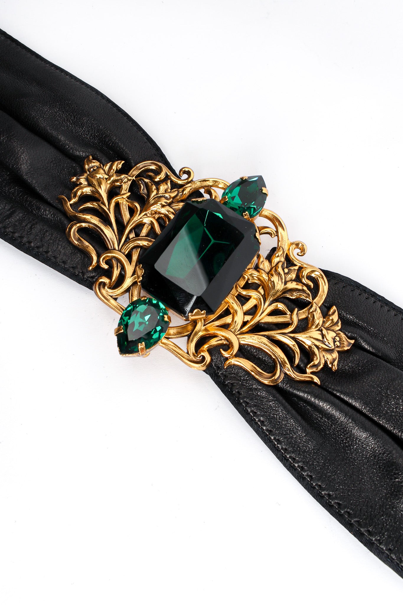 Vintage Floral Filigree Emerald Leather Sash Belt floral stone close @ Recess LA