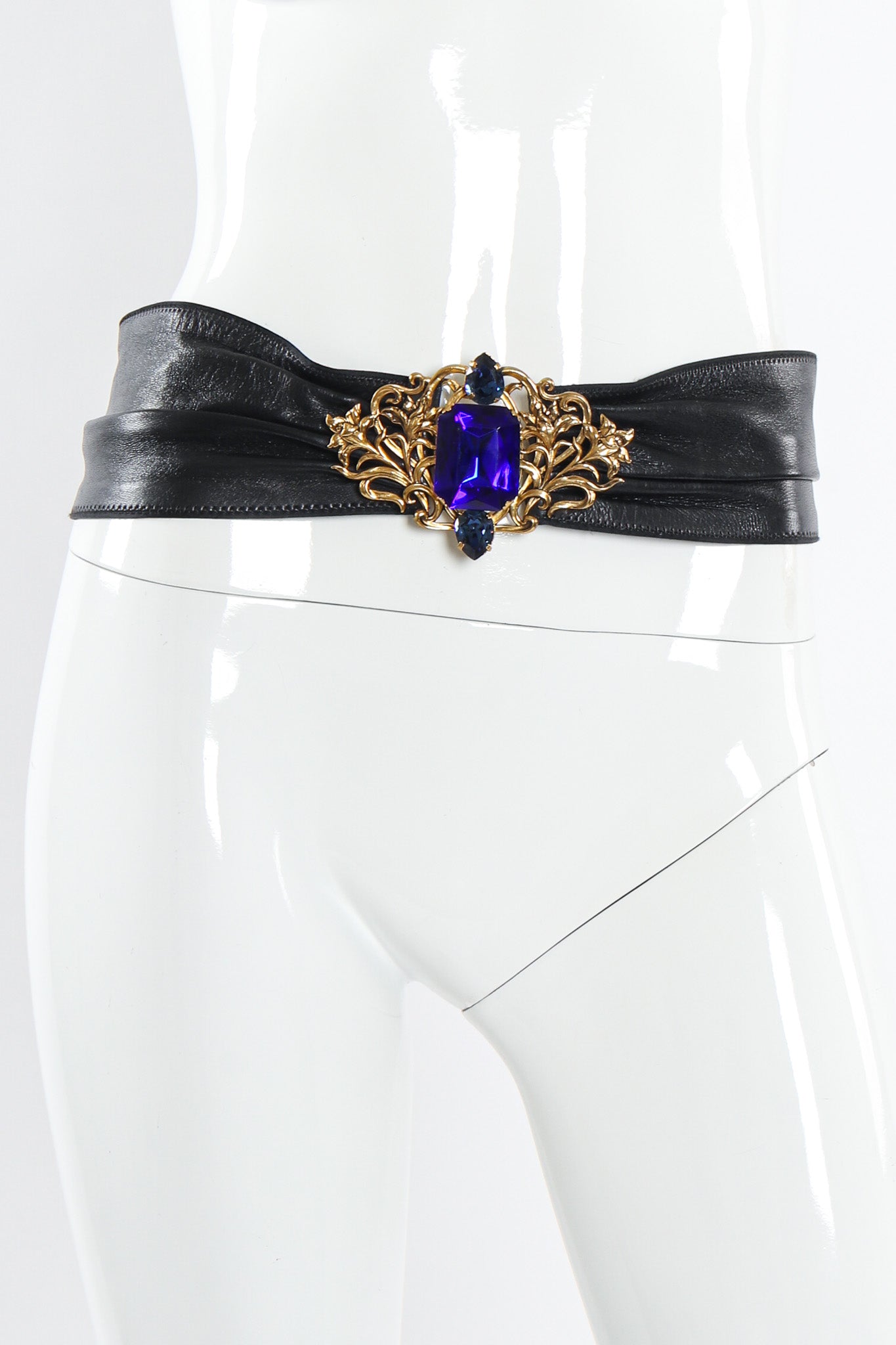Vintage Floral Filigree Sapphire Leather Sash Belt on mannequin @ Recess LA