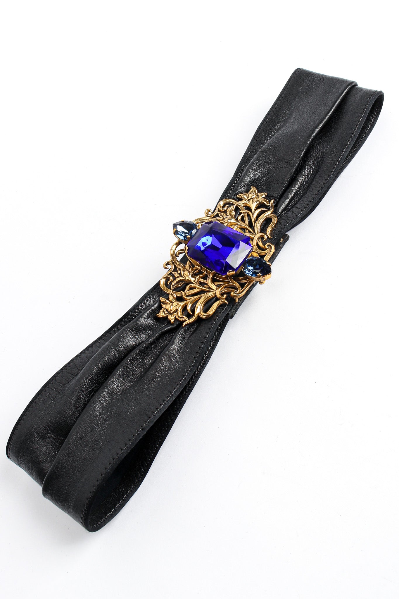 Vintage Floral Filigree Sapphire Leather Sash Belt belt folded close @ Recess LA