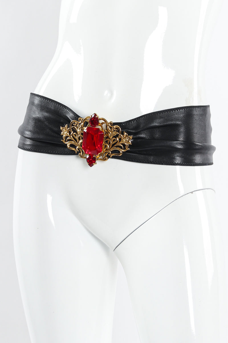 Vintage Floral Filigree Ruby Leather Sash Belt on mannequin angle @ Recess LA