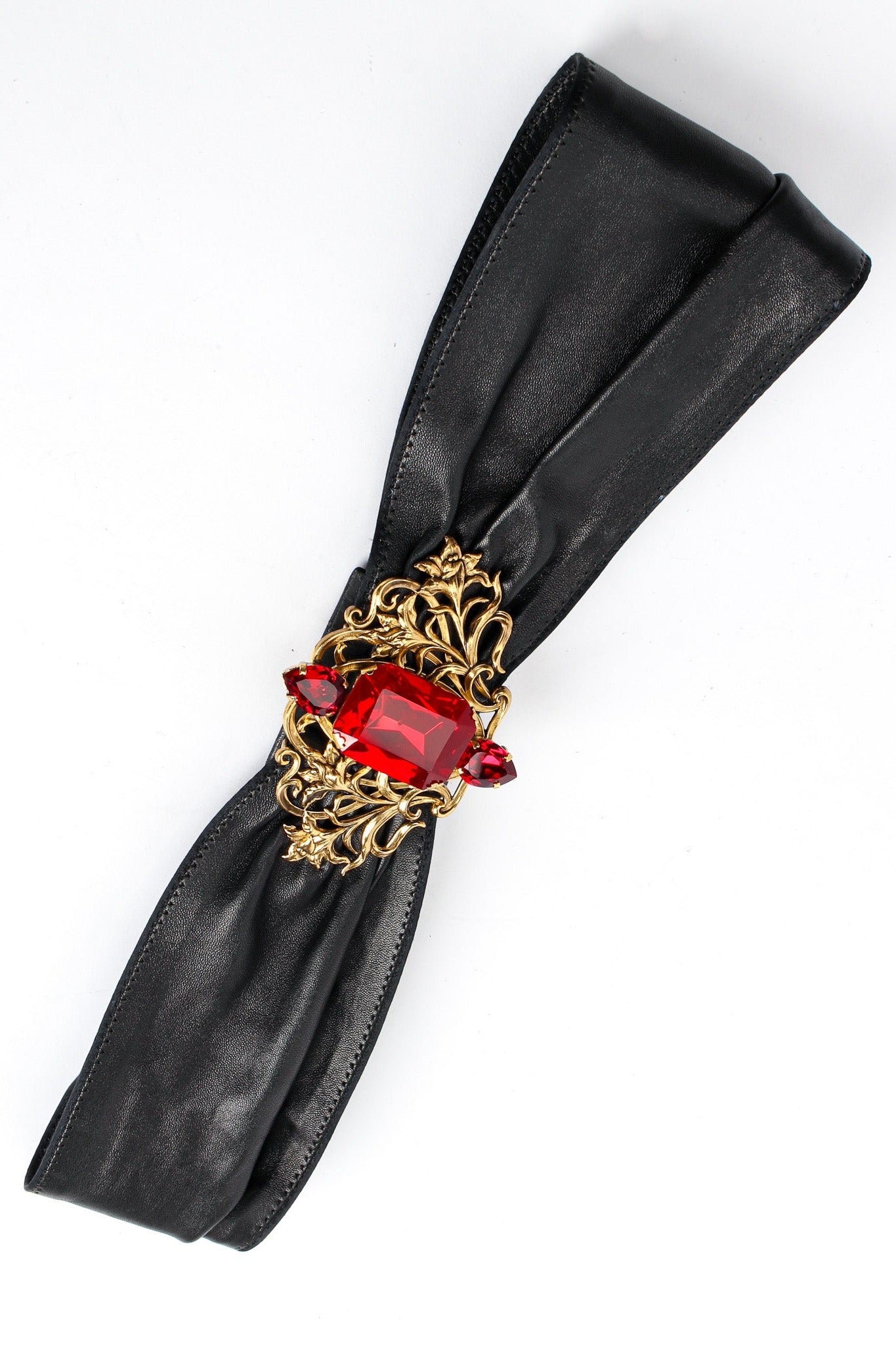 Vintage Floral Filigree Ruby Leather Sash Belt front @ Recess LA