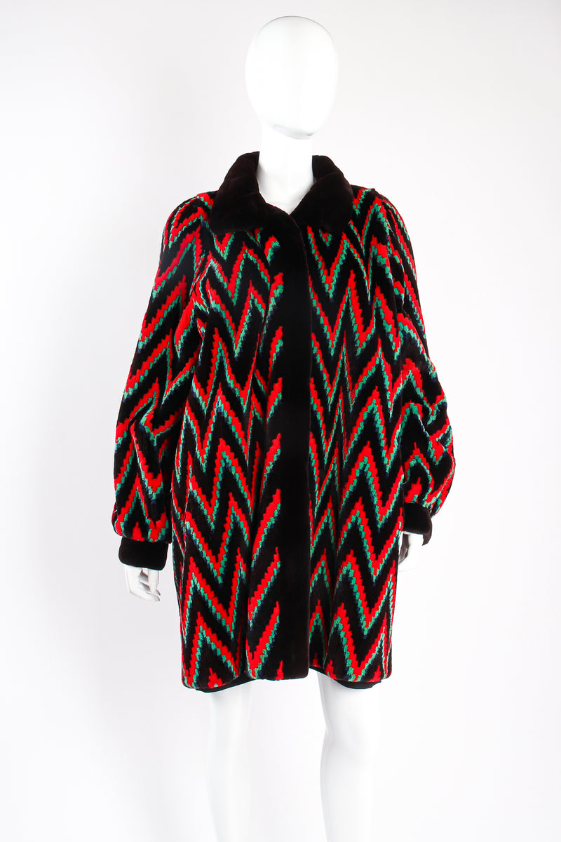 Vintage Rainbow Chevron Blanket Stripe Fur Coat on mannequin front at Recess Los Angeles