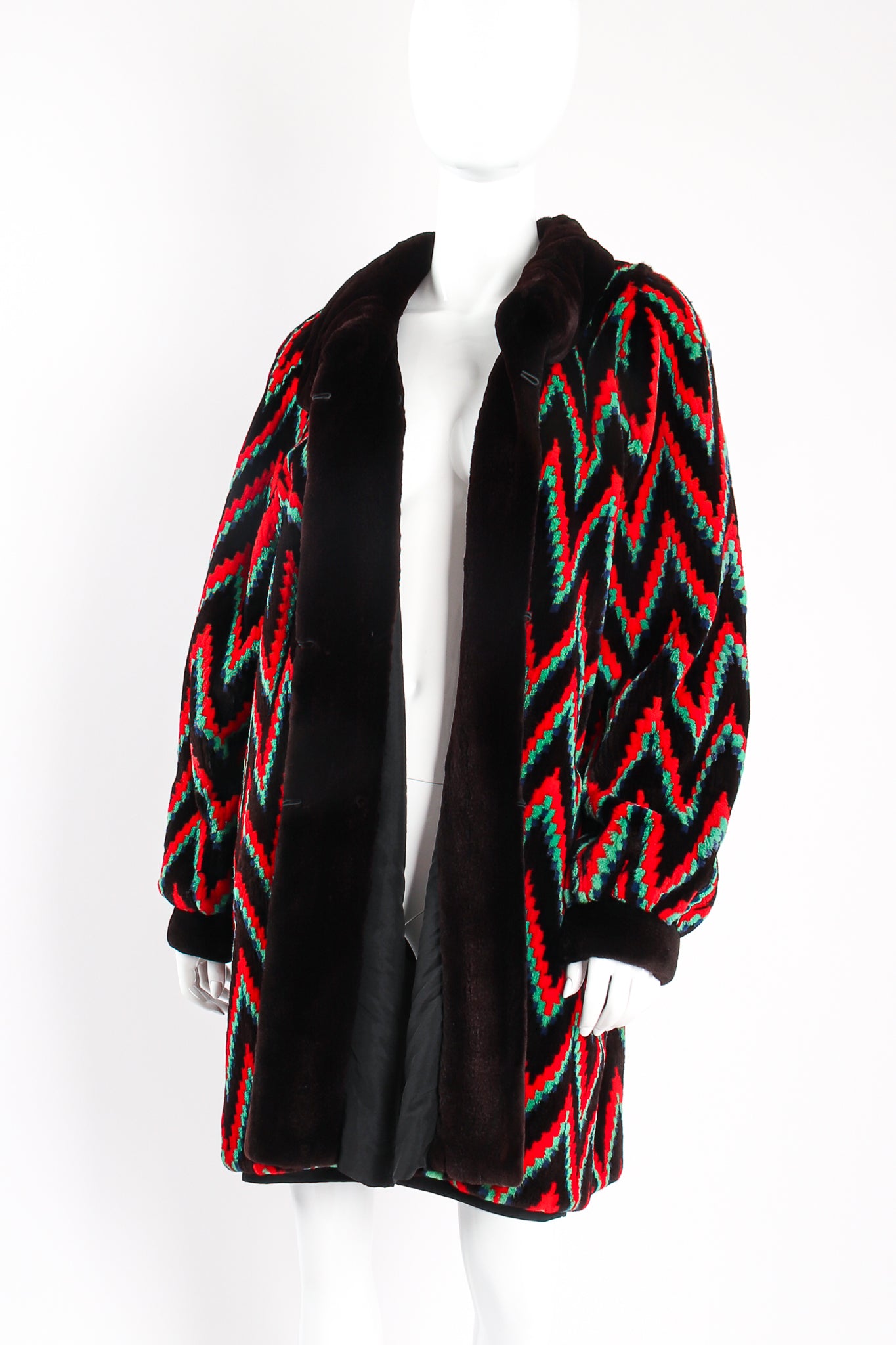 Vintage Rainbow Chevron Blanket Stripe Fur Coat on mannequin open at Recess Los Angeles