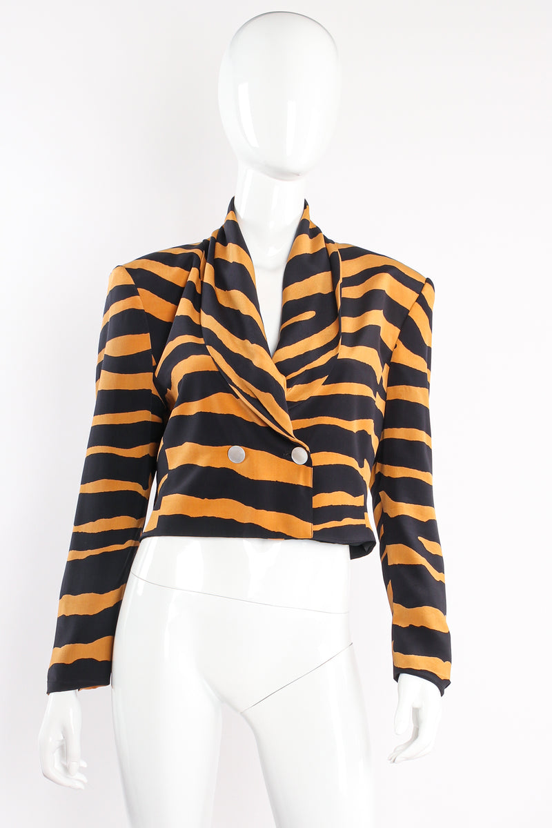 Vintage Tiger Stripe Silk Crepe Jacket Suit Set on mannequin front at Recess Los Angeles