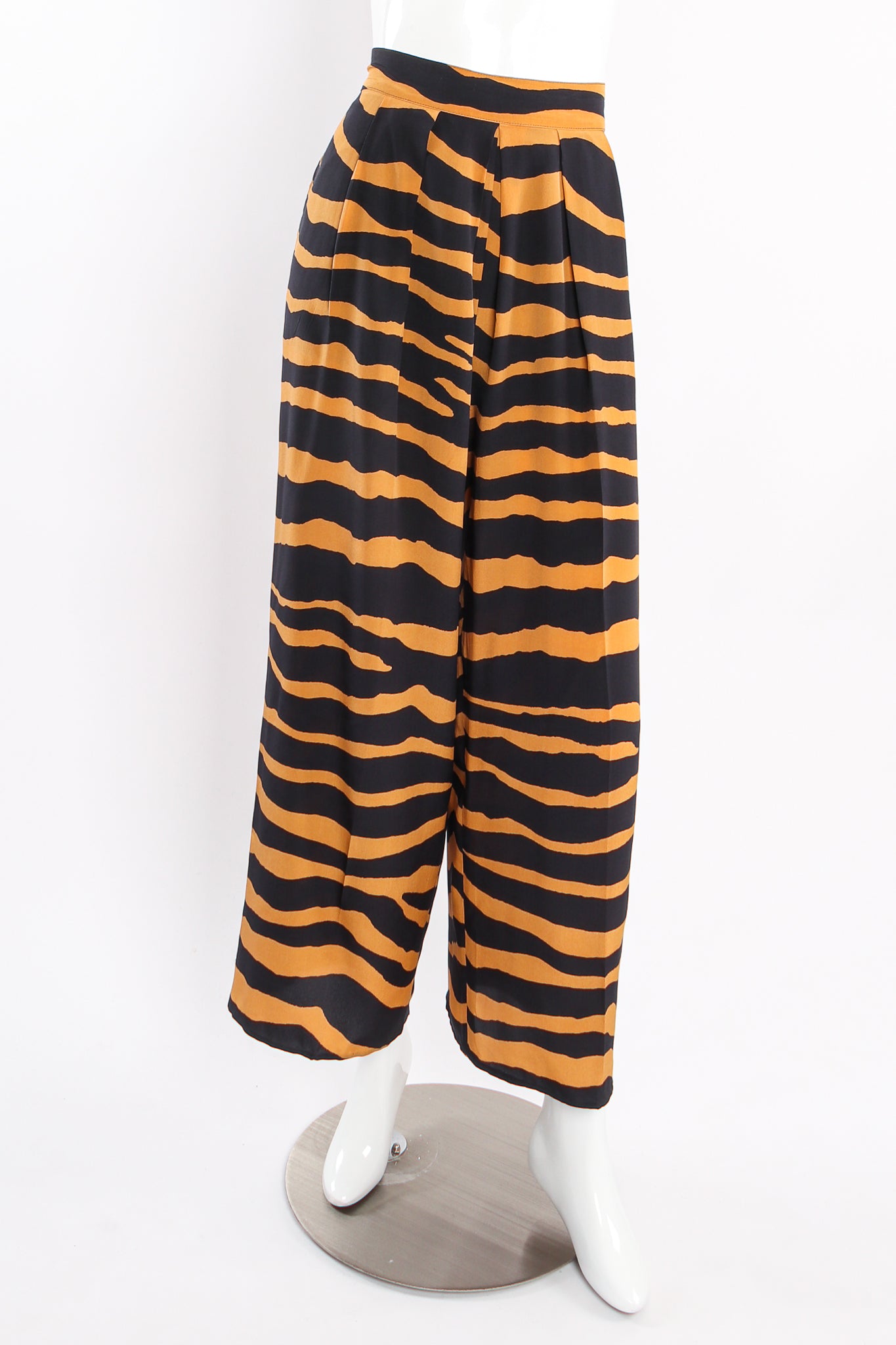 Vintage Tiger Stripe Silk Crepe Pant Suit Set on mannequin front at Recess Los Angeles