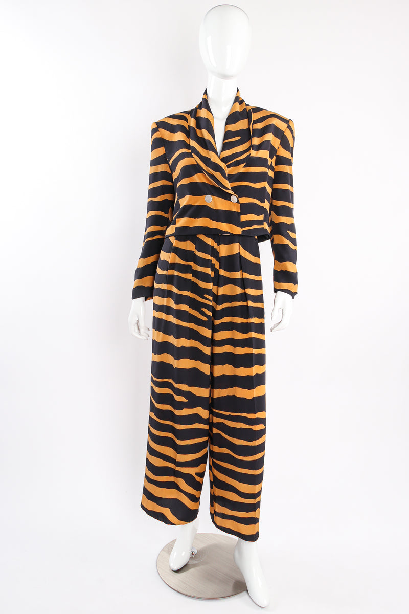 Vintage Tiger Stripe Silk Crepe Jacket & Pant Suit Set on mannequin front at Recess Los Angeles