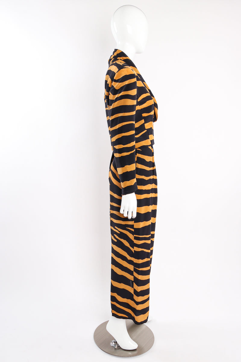 Vintage Tiger Stripe Silk Crepe Jacket & Pant Suit Set on mannequin side at Recess Los Angeles