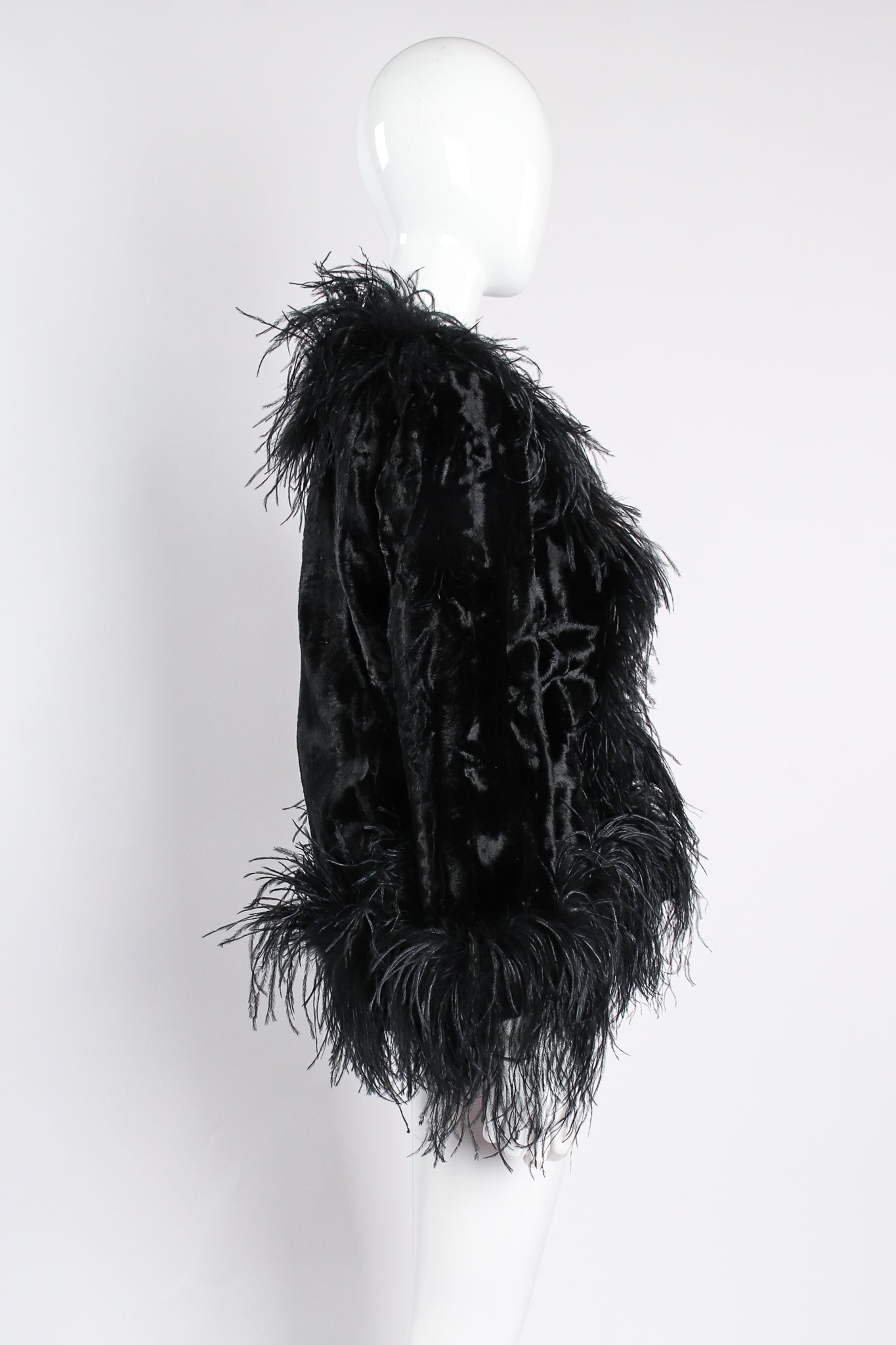 Vintage Crushed Velvet Ostrich Feather Jacket on mannequin side at Recess Los Angeles