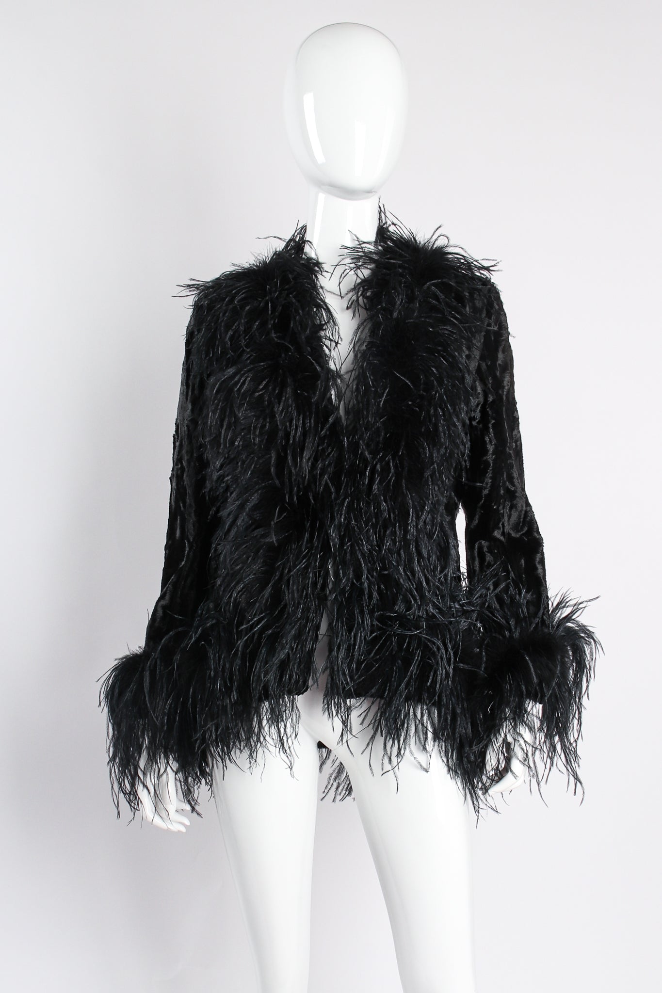 Vintage Crushed Velvet Ostrich Feather Jacket on mannequin front at Recess Los Angeles