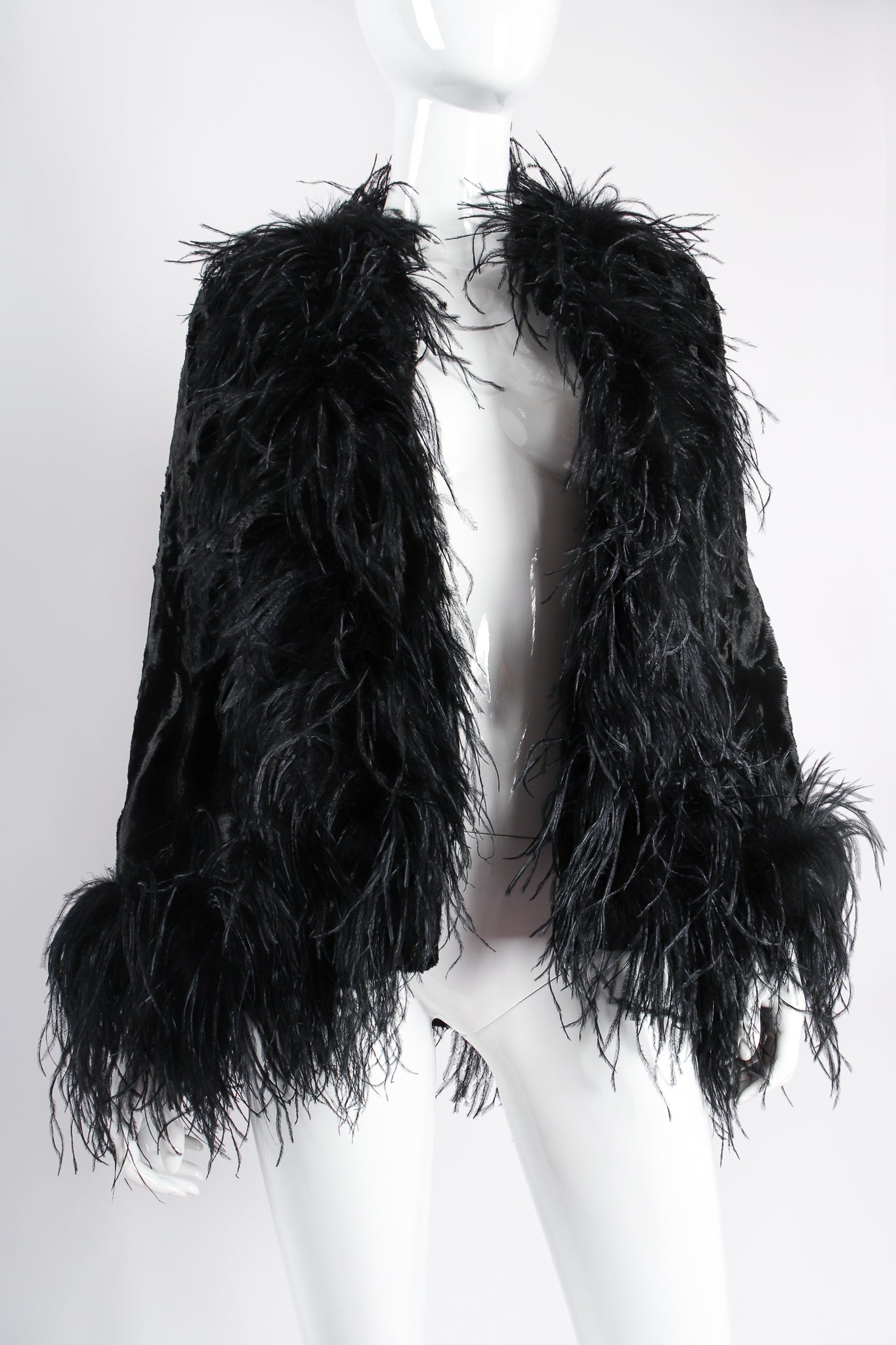 Vintage Crushed Velvet Ostrich Feather Jacket on mannequin crop at Recess Los Angeles
