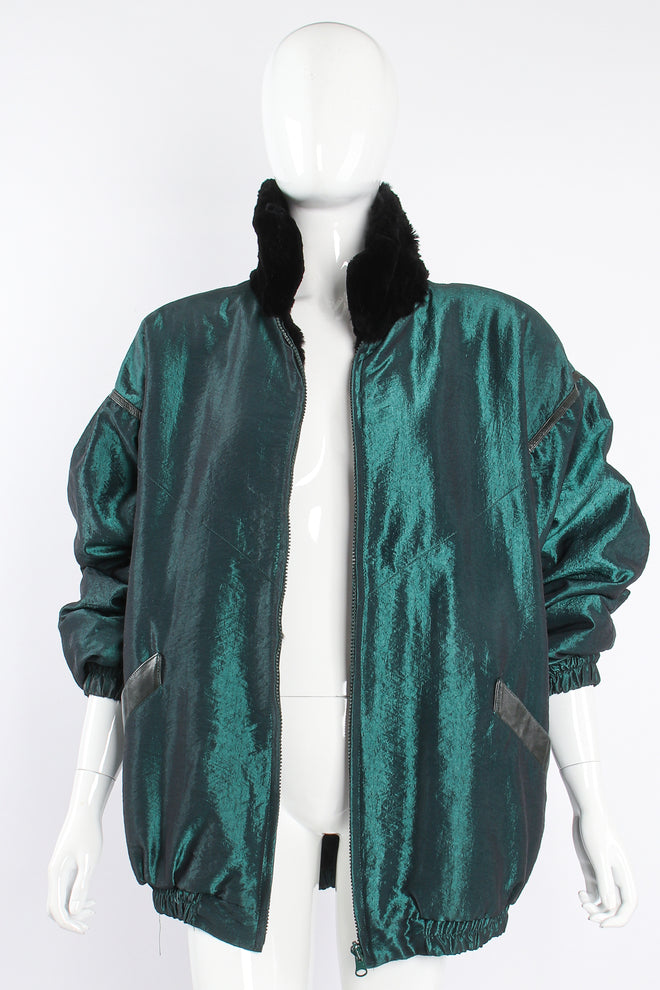 Vintage Geometric Fur Reversible Metallic nylon Bomber on Mannequin front at Recess Los Angeles