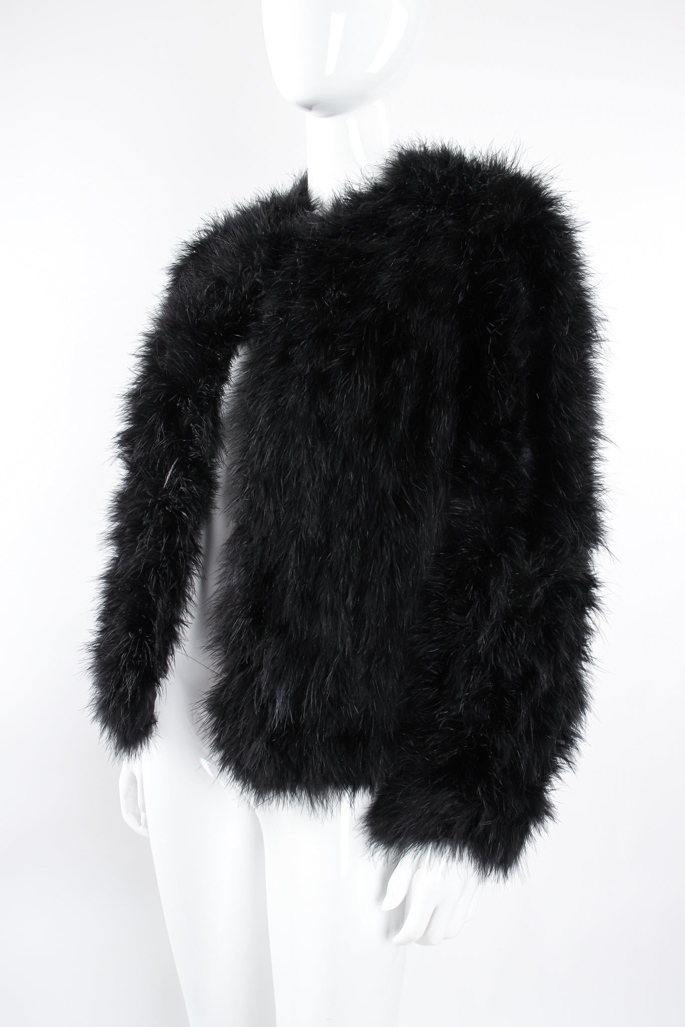 Vintage Black Chubby Marabou Feather Jacket on mannequin angle at Recess Los Angeles