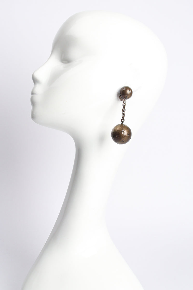 Vintage Antiqued Brass Starry Ball Drop Earrings on mannequin at Recess Los Angeles