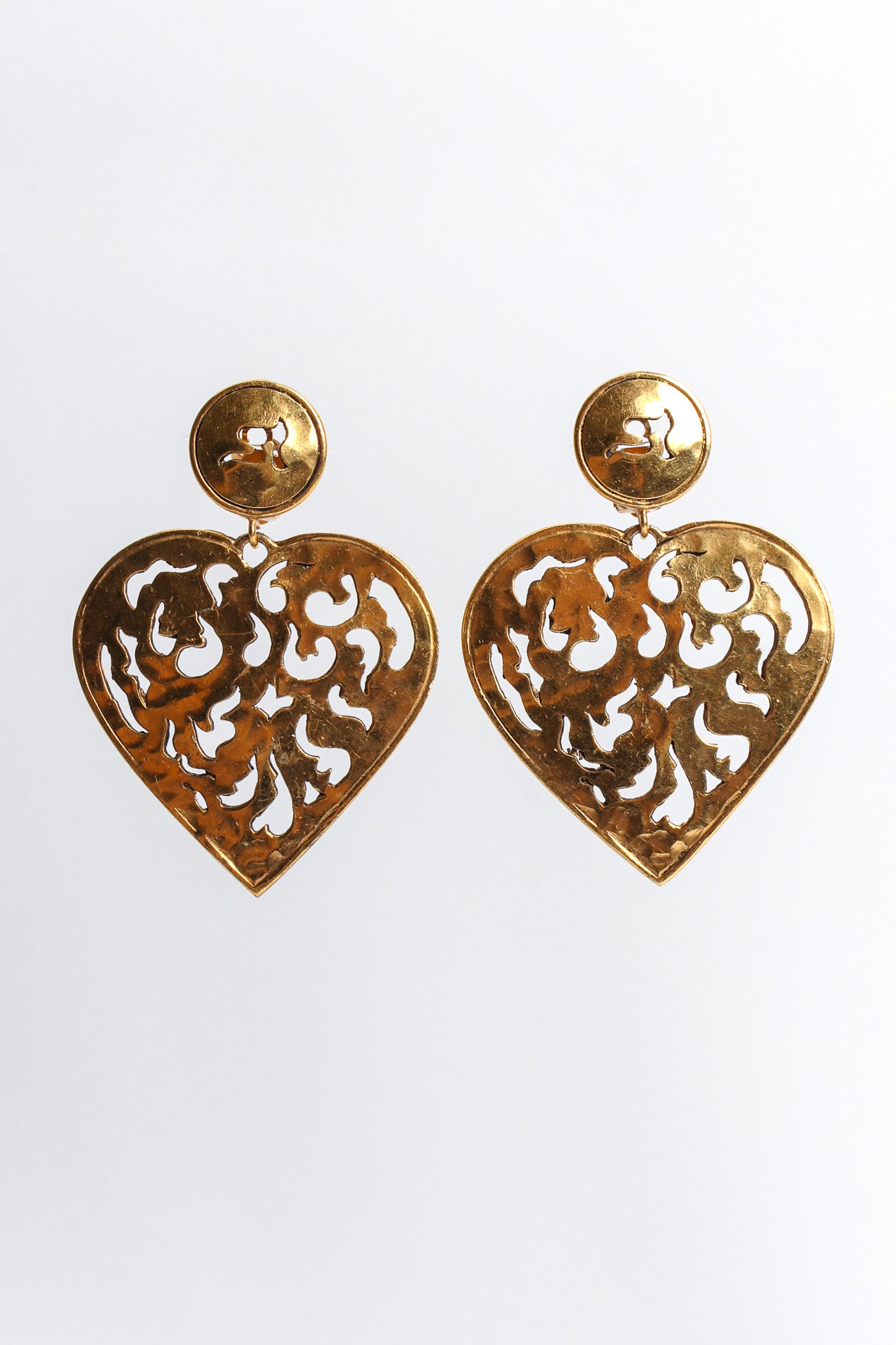 Vintage Flame Filigree Cutout Heart Earrings front hang @ Recess LA