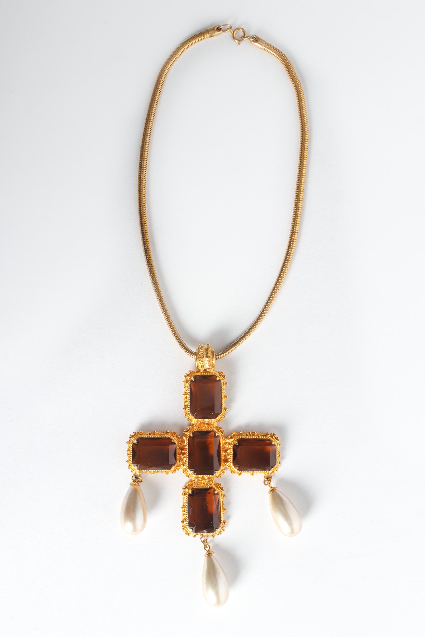 Vintage Pearl Stone Cross Pendant Necklace front flat @ Recess LA