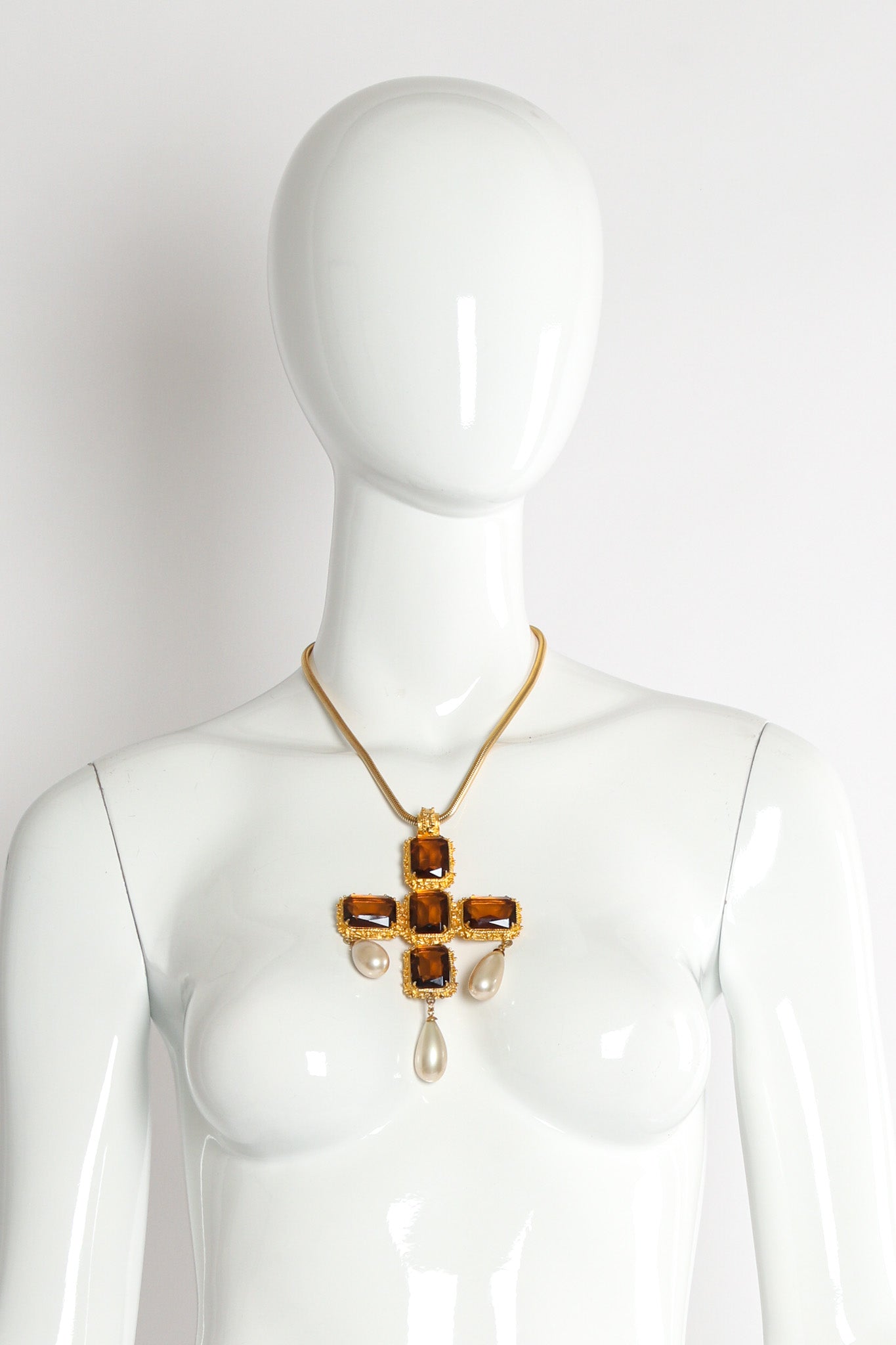 Vintage Pearl Stone Cross Pendant Necklace on mannequin with pendant  @ Recess LA