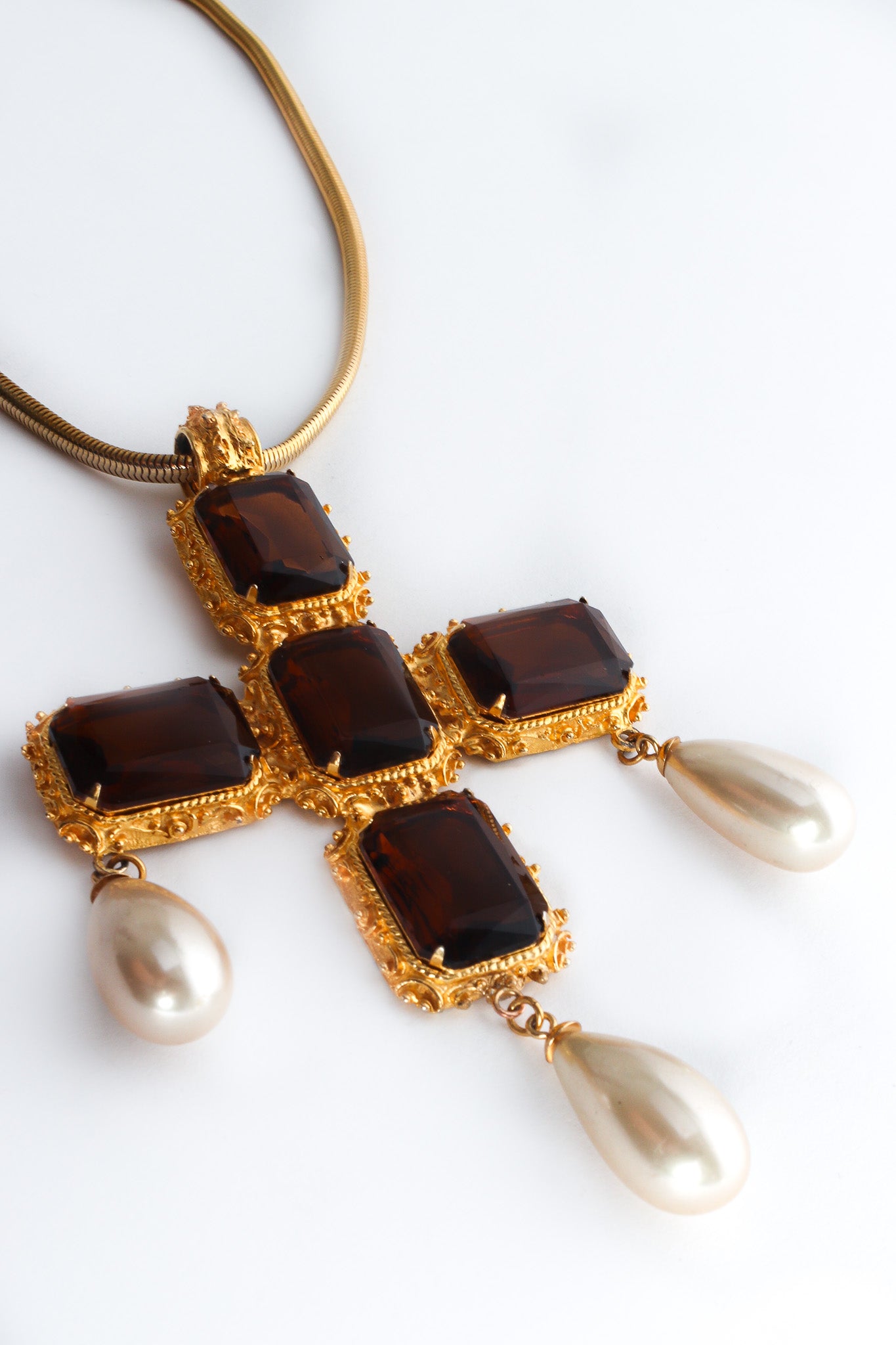 Vintage Pearl Stone Cross Pendant Necklace pearl close @ Recess LA