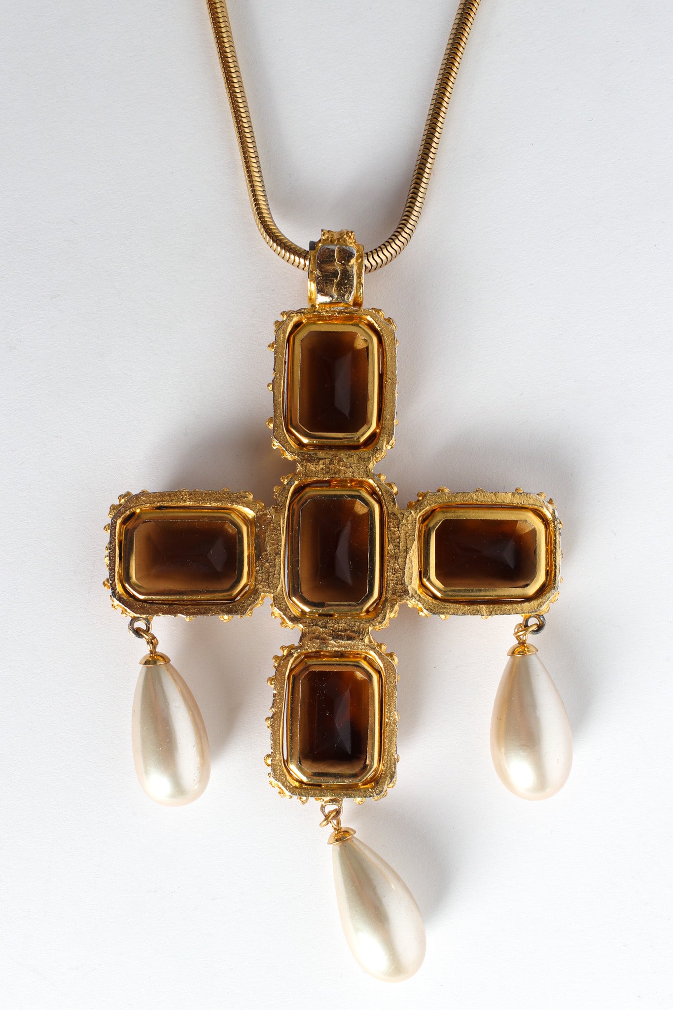 Vintage Pearl Stone Cross Pendant Necklace pendant back @ Recess LA