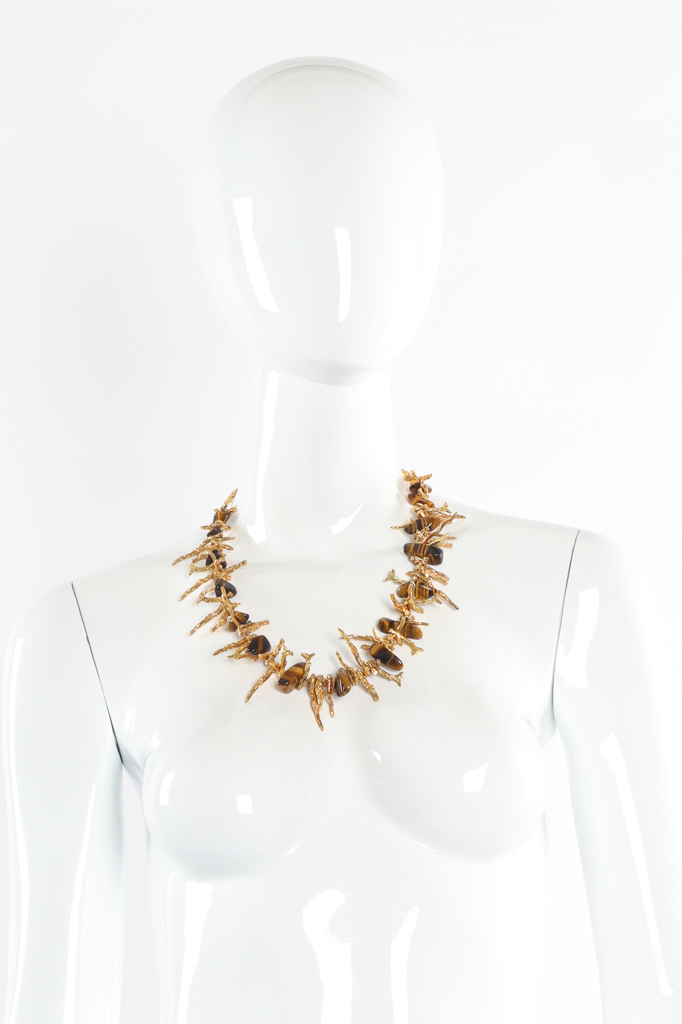 Vintage Coral Stem Tiger Eye Bead Necklace on mannequin @ Recess LA