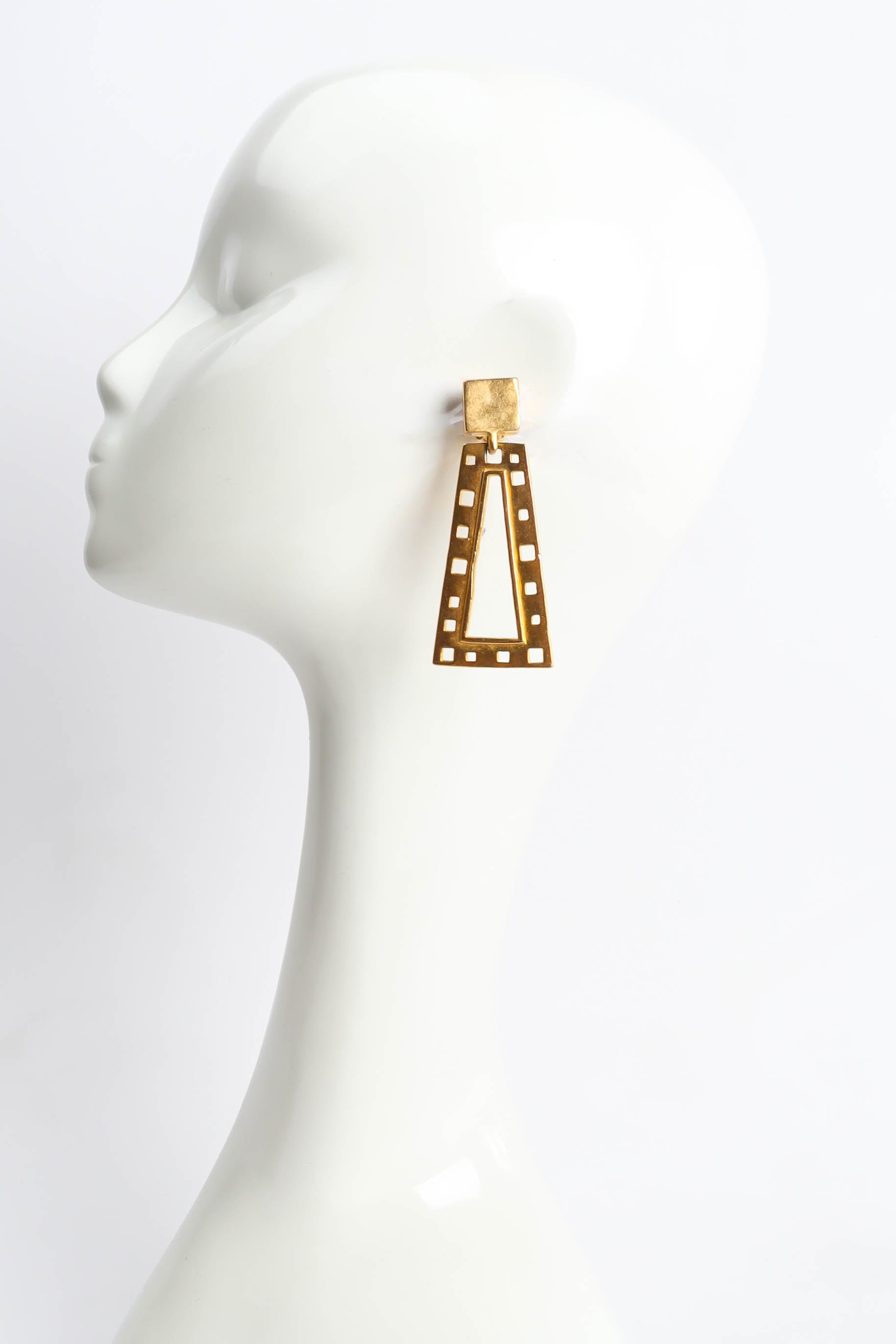 Vintage Karl Lagerfeld Geometric Cutout Drop Earrings on mannequin @ Recess Los Angeles