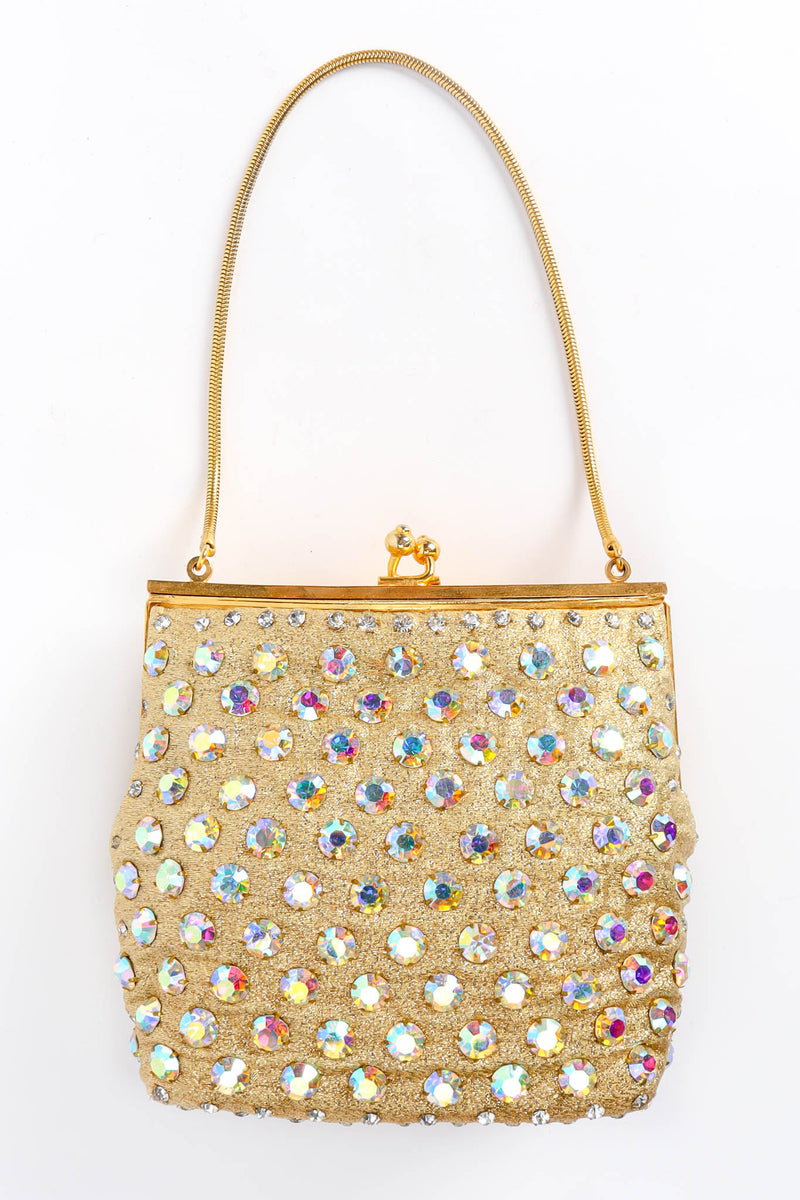 Vintage Iridescent Rhinestone Frame Pouch Bag flat front lay @ Recess Los Angeles