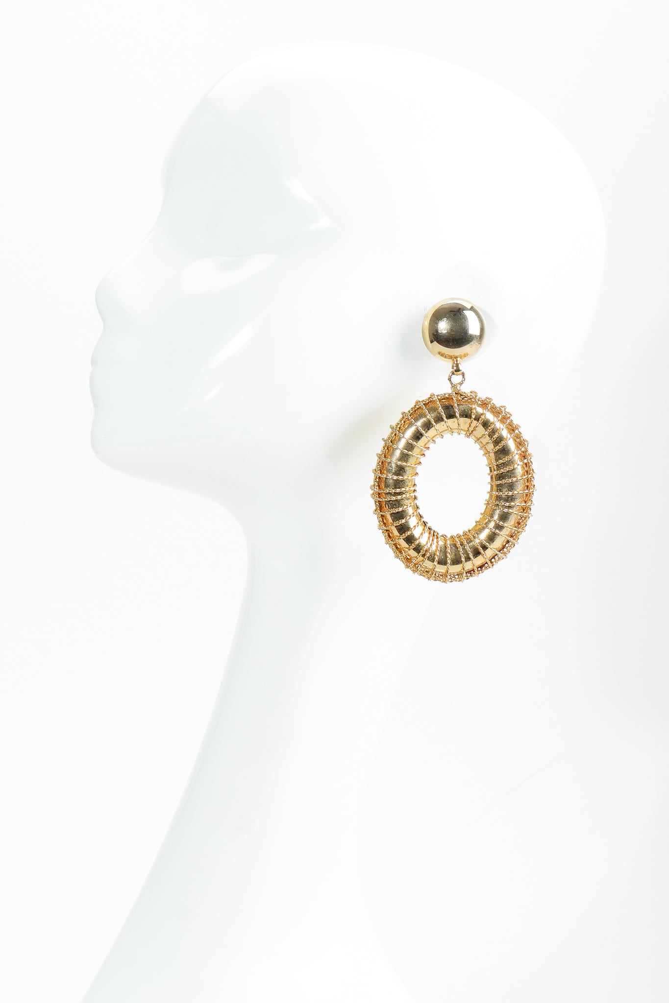 Vintage Gold Wire Wrap Hoop Drop Earrings on Mannequin at Recess Los Angeles