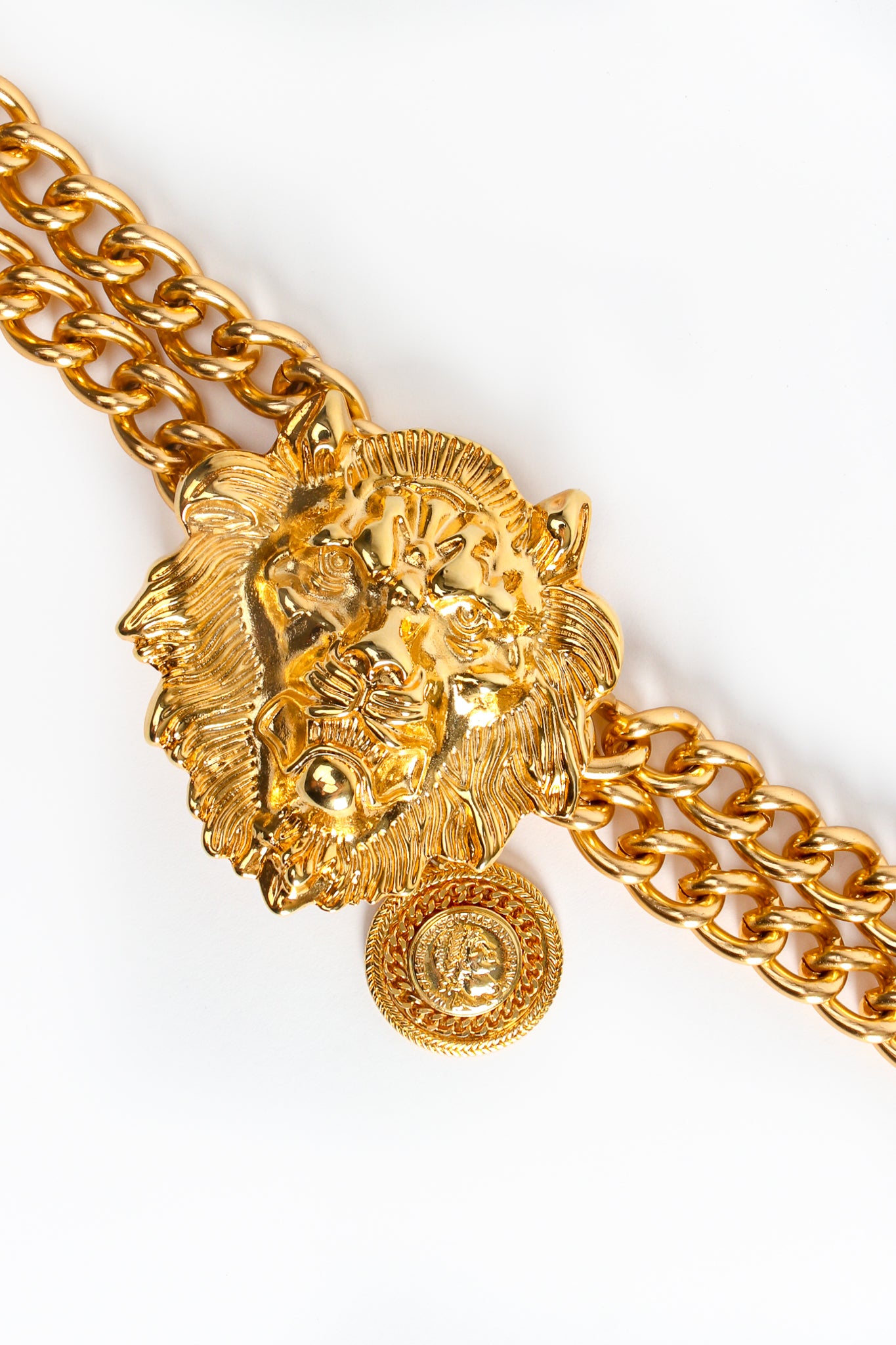 Vintage Chunky Gold Thick Curb Chain Link Lion Buckle Belt Buckle Closeup at Recess LA