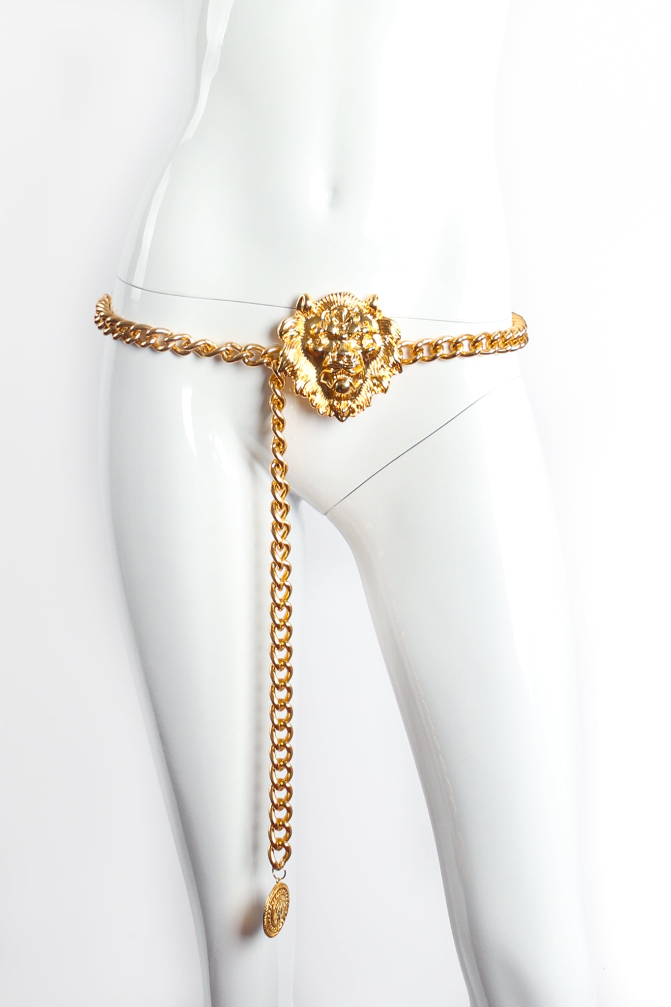 Vintage Chunky Gold Thick Curb Chain Link Lion Buckle Belt on Mannequin Front at Recess LA