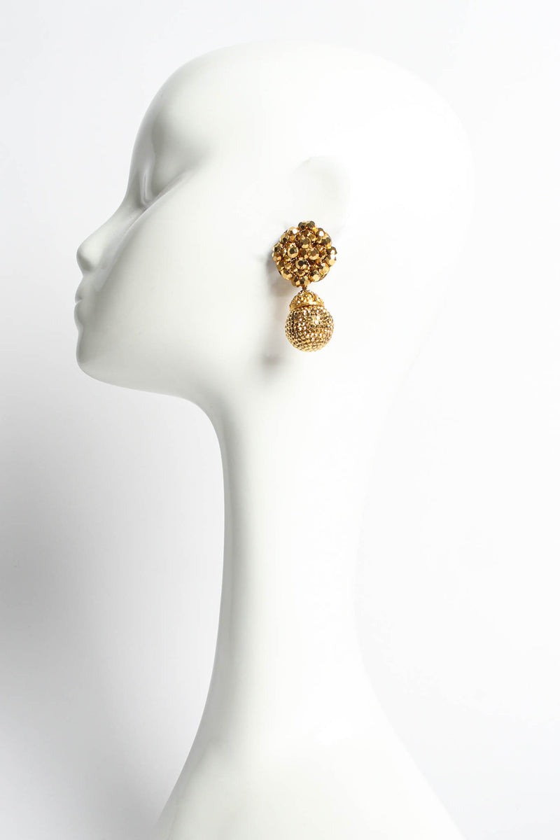 Vintage Filigree Golden Globe Cross Rhinestone Earrings on mannequin @ Recess LA