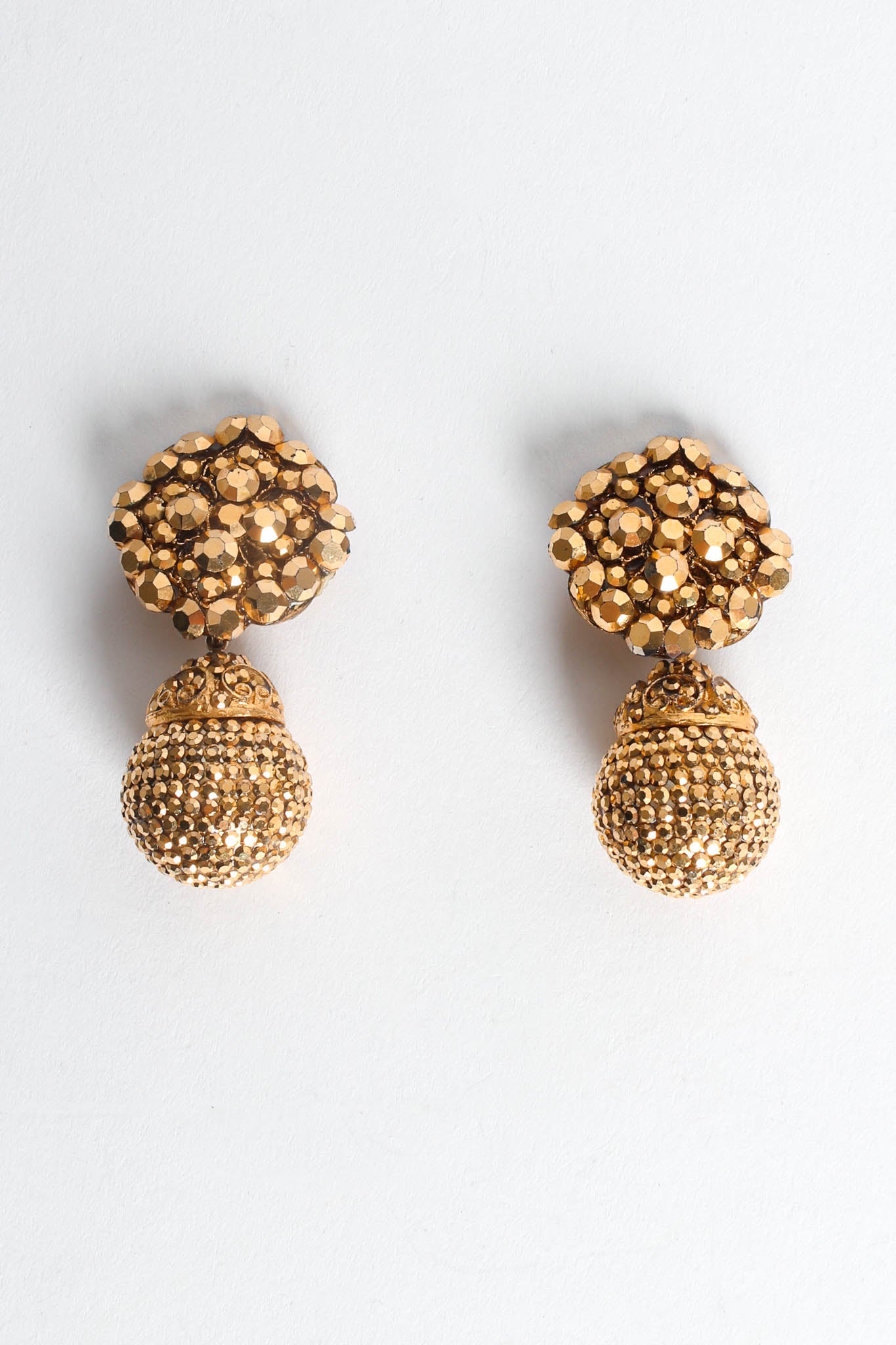 Vintage Filigree Golden Globe Cross Rhinestone Earrings flat front @ Recess LA