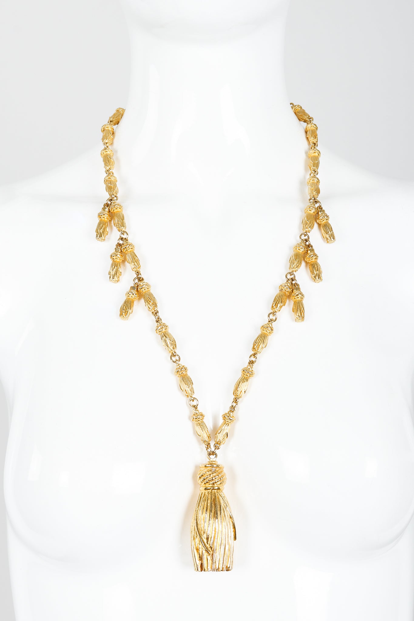 Vintage Gold Sculpted Tassel Pendant Necklace on Mannequin at Recess Los Angeles