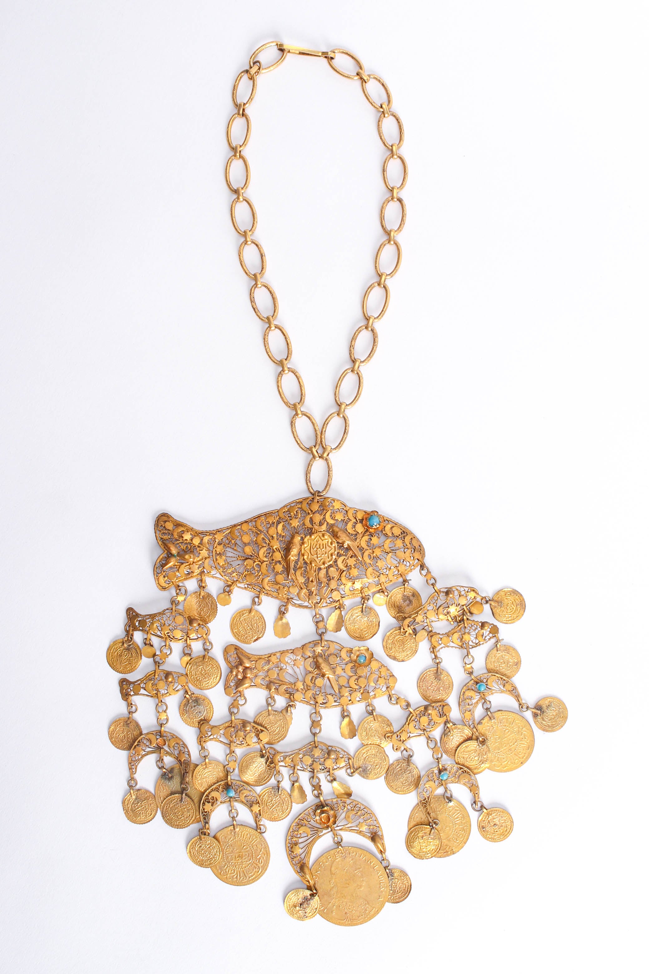 Vintage Filigree Moon Fish Necklace front lay flat @ Recess LA