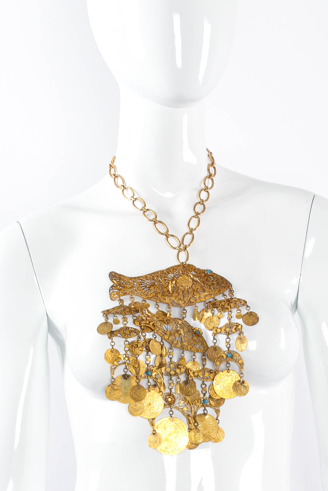 Vintage Filigree Moon Fish Necklace on mannequin front @ Recess LA