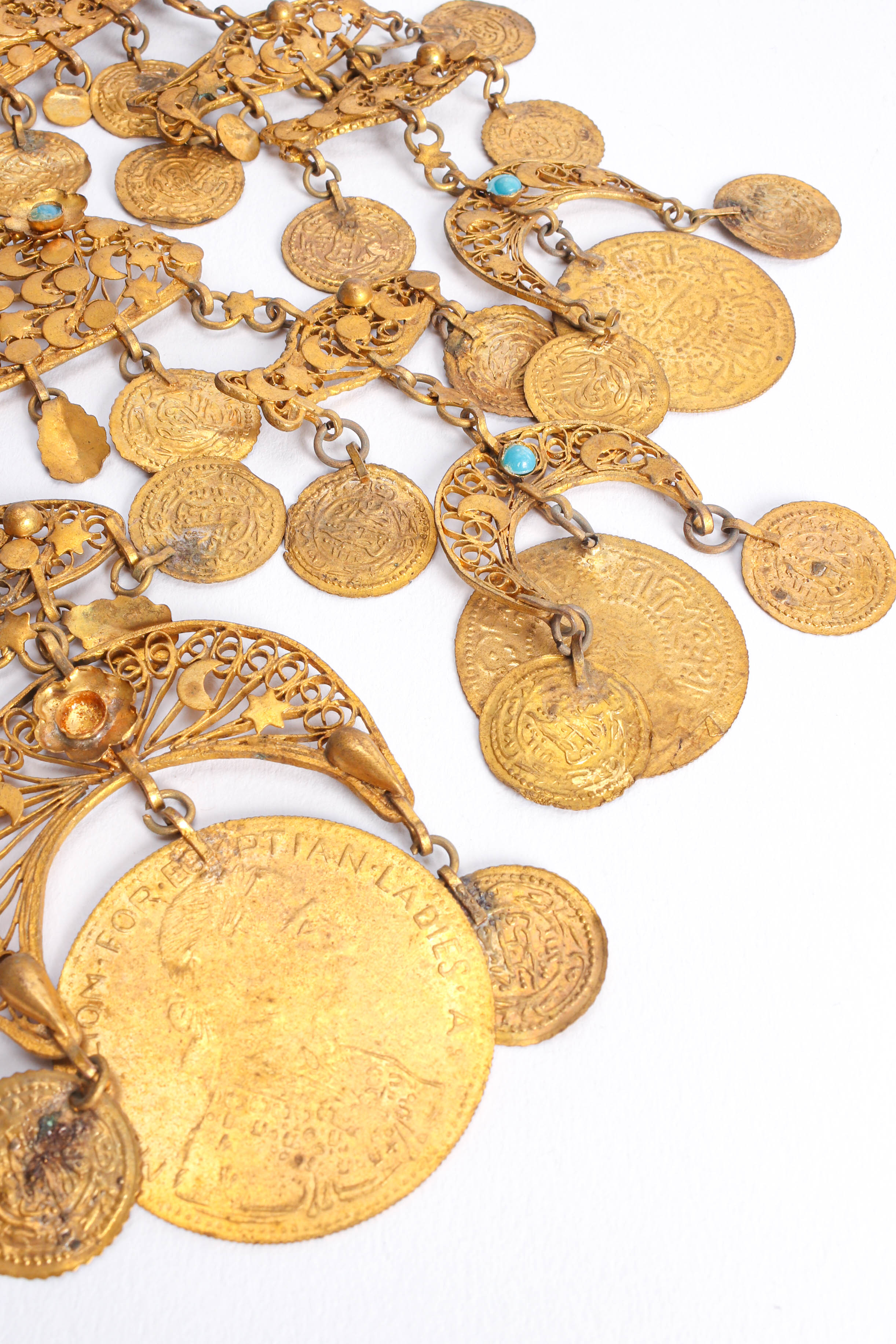 Vintage Filigree Moon Fish Necklace coins detailing & discoloration@ Recess LA