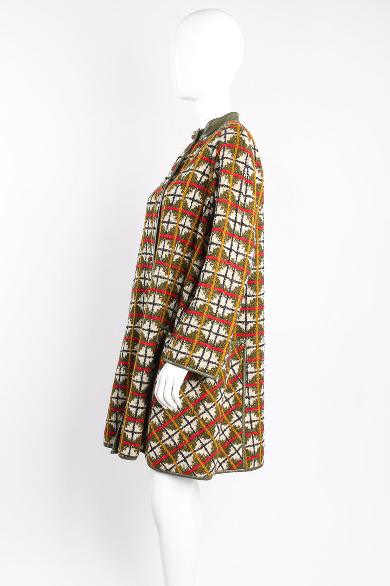 Vintage Bonnie Cashin Sills Argyle Turnlock Blanket Coat on mannequin side at Recess Los Angeles