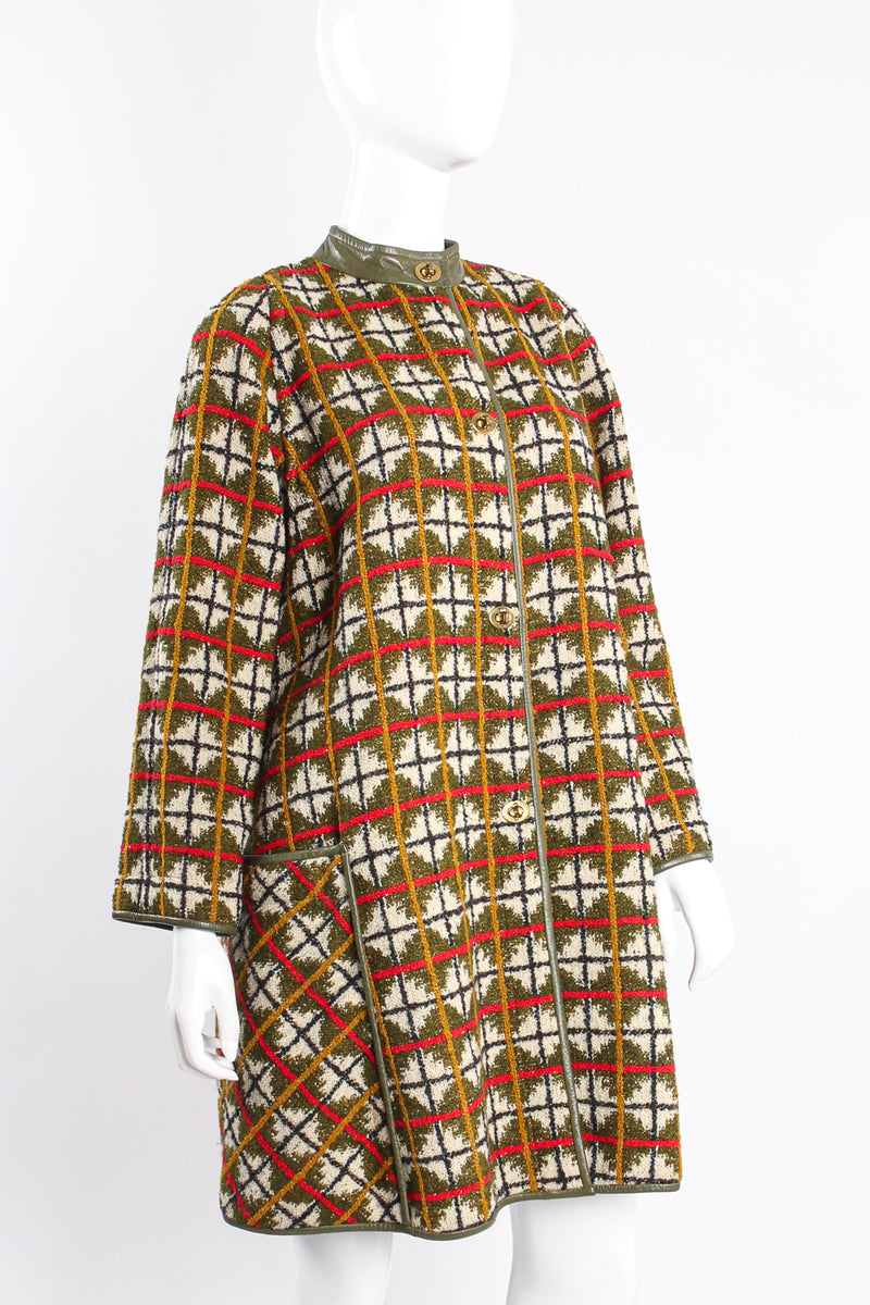Vintage Bonnie Cashin Sills Argyle Turnlock Blanket Coat on mannequin crop at Recess Los Angeles