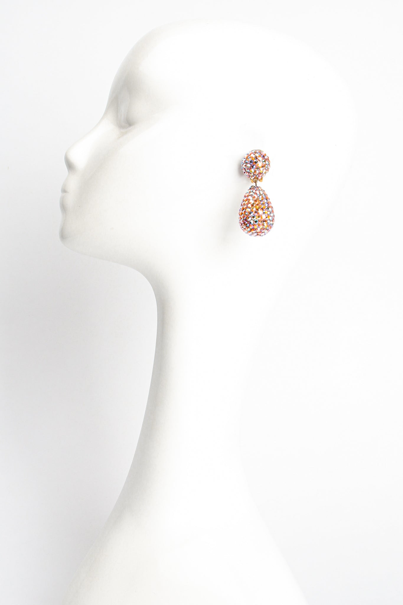 Vintage Iridescent Rhinestone Drop Earrings on Mannequin at Recess Los Angeles