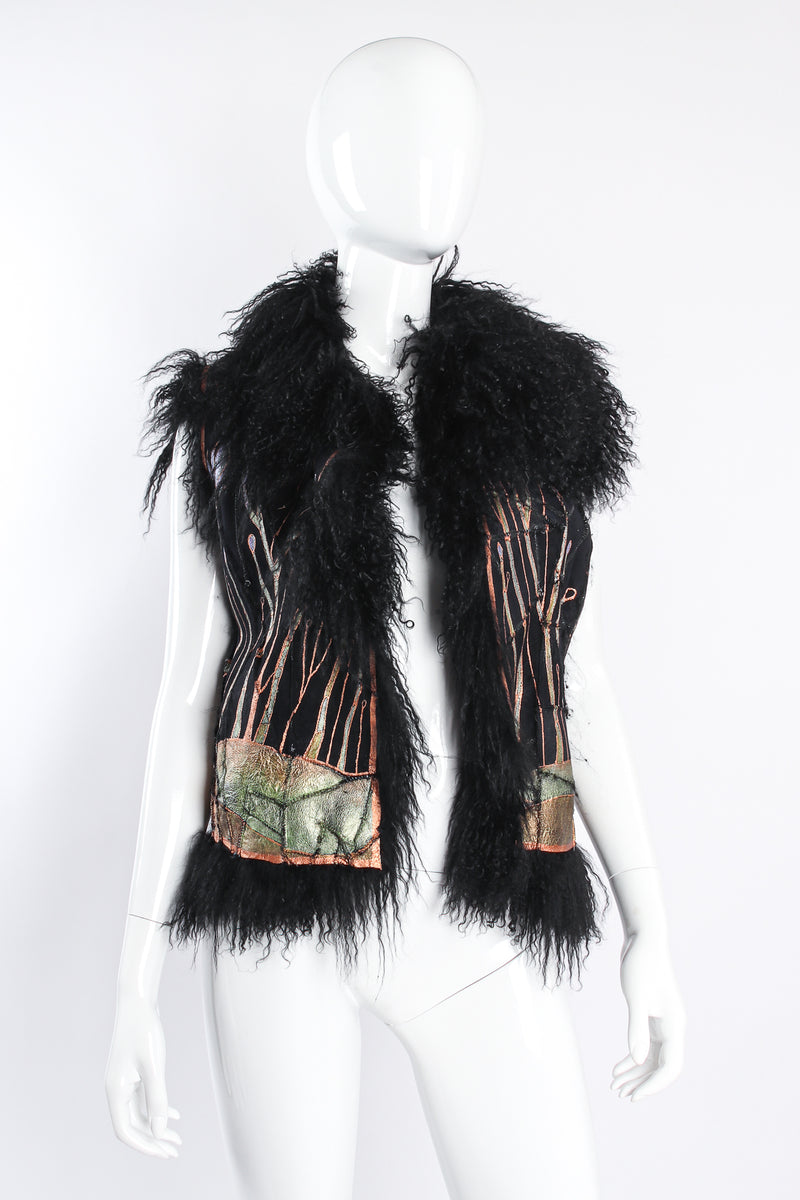 Vintage Art Nouveau Painted Mongolian Fur Vest on mannequin front at Recess Los Angeles