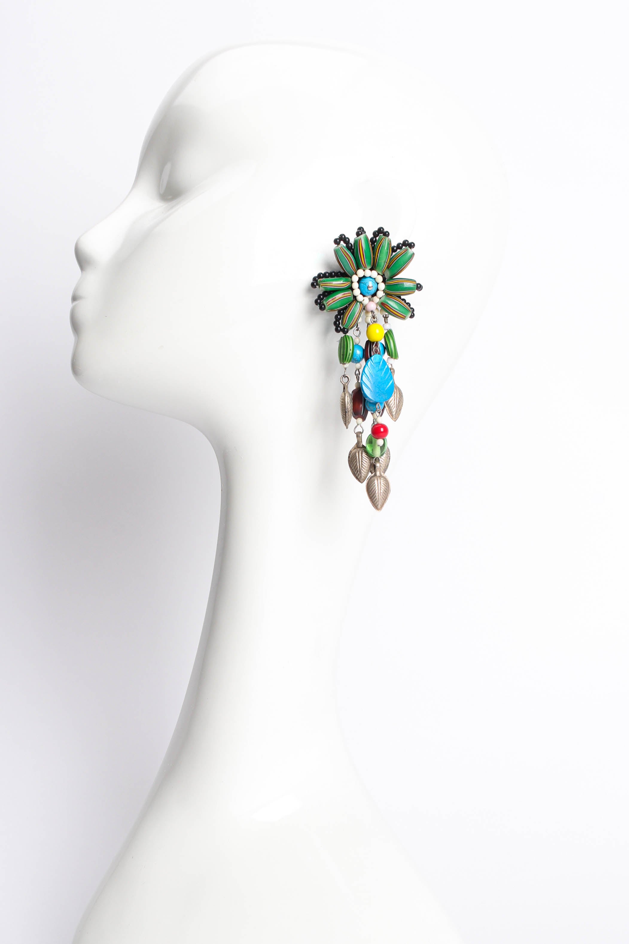 Vintage Whimsical Millefiori Bead Flower Earrings on mannequin @ Recess LA