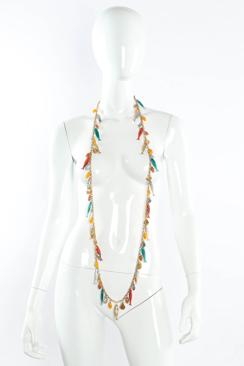 Vintage Dancing Fish Shell Charm Necklace on mannequin elongated @ Recess Los Angeles